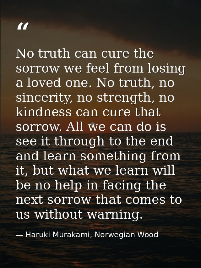 No truth can cure the sorrow we feel from losing a loved one. No truth, no sincerity, no strength, no kindness can cure  — Haruki Murakami, Norwegian Wood