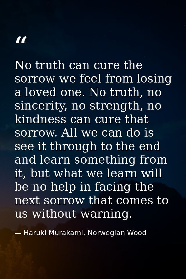 No truth can cure the sorrow we feel from losing a loved one. No truth, no sincerity, no strength, no kindness can cure  — Haruki Murakami, Norwegian Wood