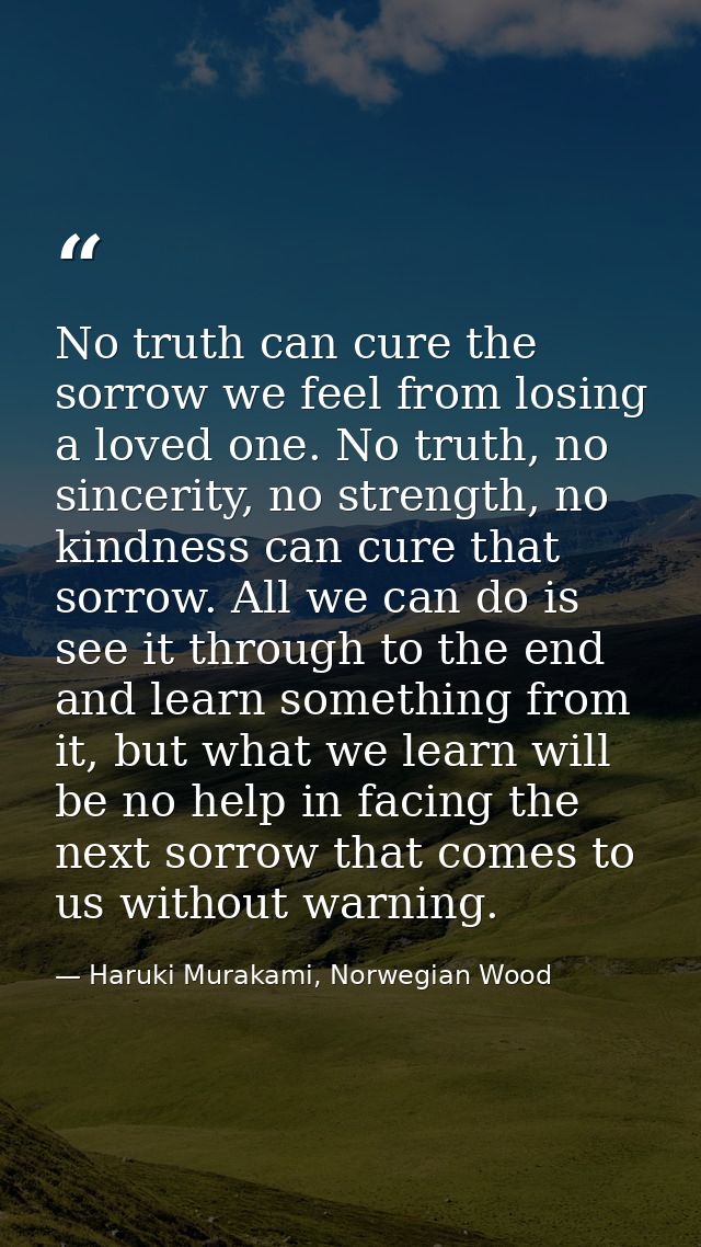 No truth can cure the sorrow we feel from losing a loved one. No truth, no sincerity, no strength, no kindness can cure  — Haruki Murakami, Norwegian Wood