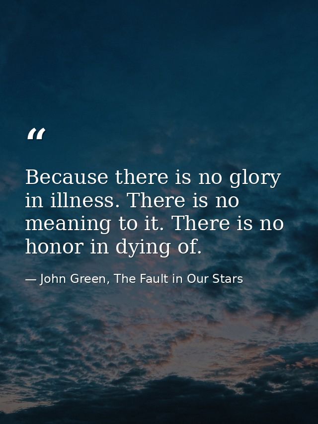 Because there is no glory in illness. There is no meaning to it. There is no honor in dying of. — John Green, The Fault in Our Stars