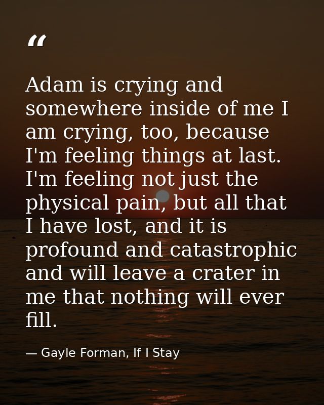 Adam is crying and somewhere inside of me I am crying, too, because I'm feeling things at last. I'm feeling not just the — Gayle Forman, If I Stay