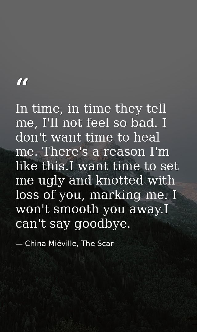 In time, in time they tell me, I'll not feel so bad. I don't want time to heal me. There's a reason I'm like this.I want — China Miéville, The Scar