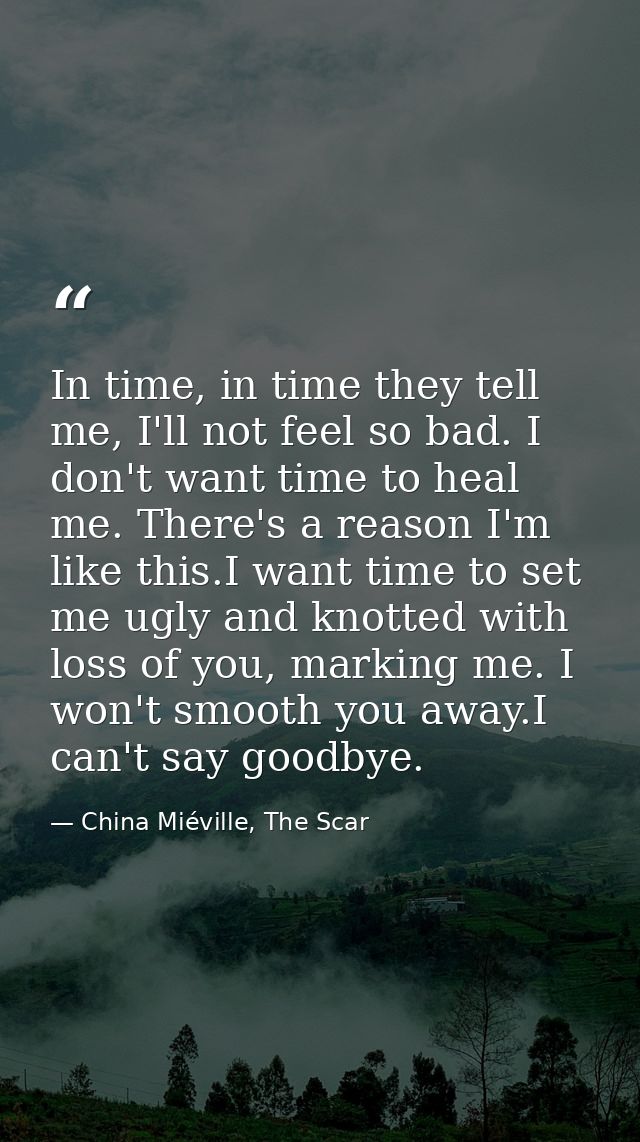In time, in time they tell me, I'll not feel so bad. I don't want time to heal me. There's a reason I'm like this.I want — China Miéville, The Scar