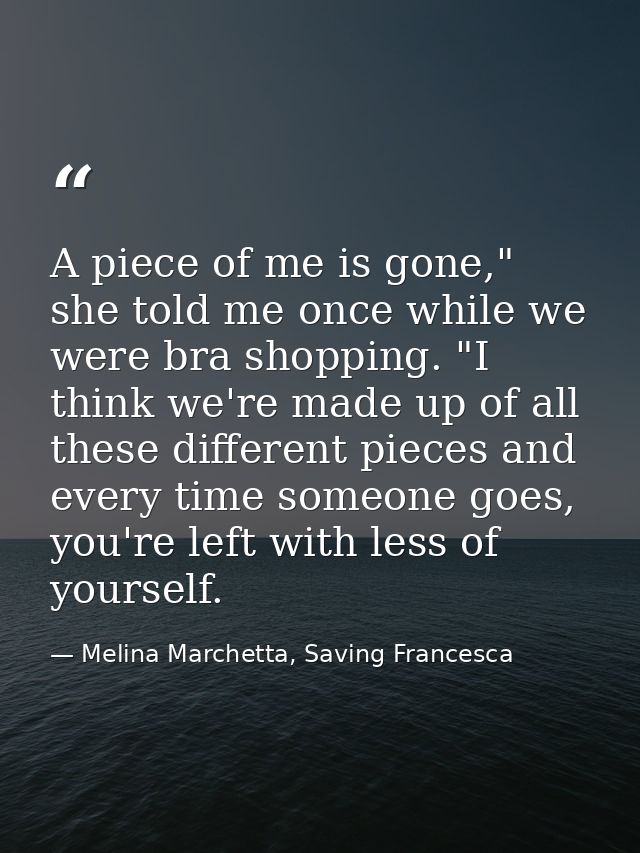 A piece of me is gone," she told me once while we were bra shopping. "I think we're made up of all these different piece — Melina Marchetta, Saving Francesca