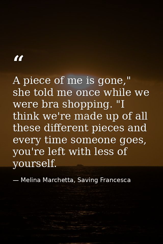 A piece of me is gone," she told me once while we were bra shopping. "I think we're made up of all these different piece — Melina Marchetta, Saving Francesca