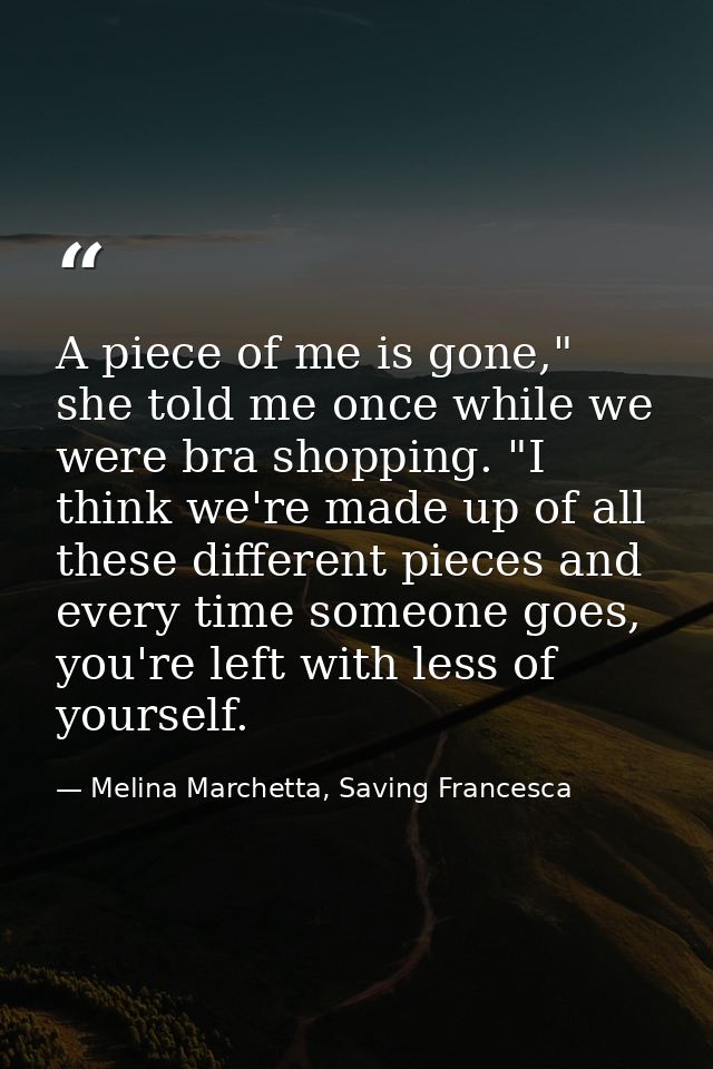 A piece of me is gone," she told me once while we were bra shopping. "I think we're made up of all these different piece — Melina Marchetta, Saving Francesca