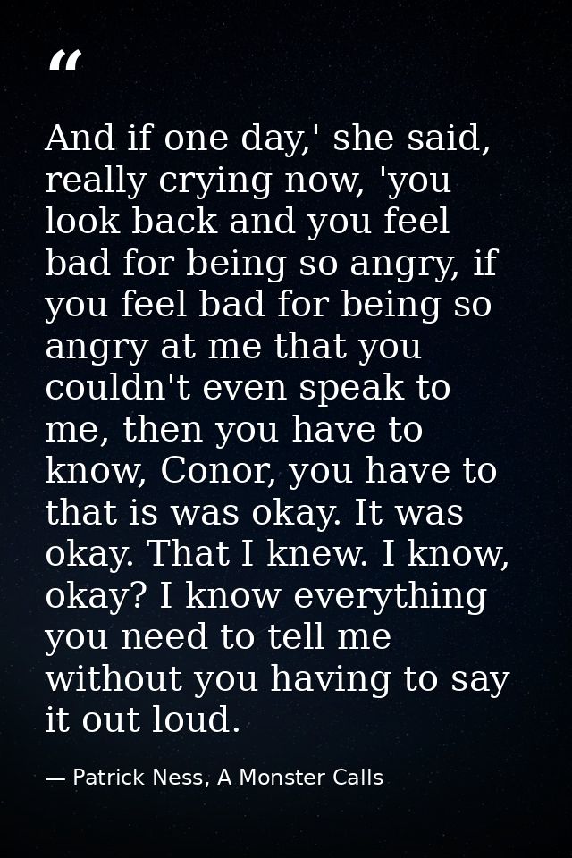 And if one day,' she said, really crying now, 'you look back and you feel bad for being so angry, if you feel bad for be — Patrick Ness, A Monster Calls