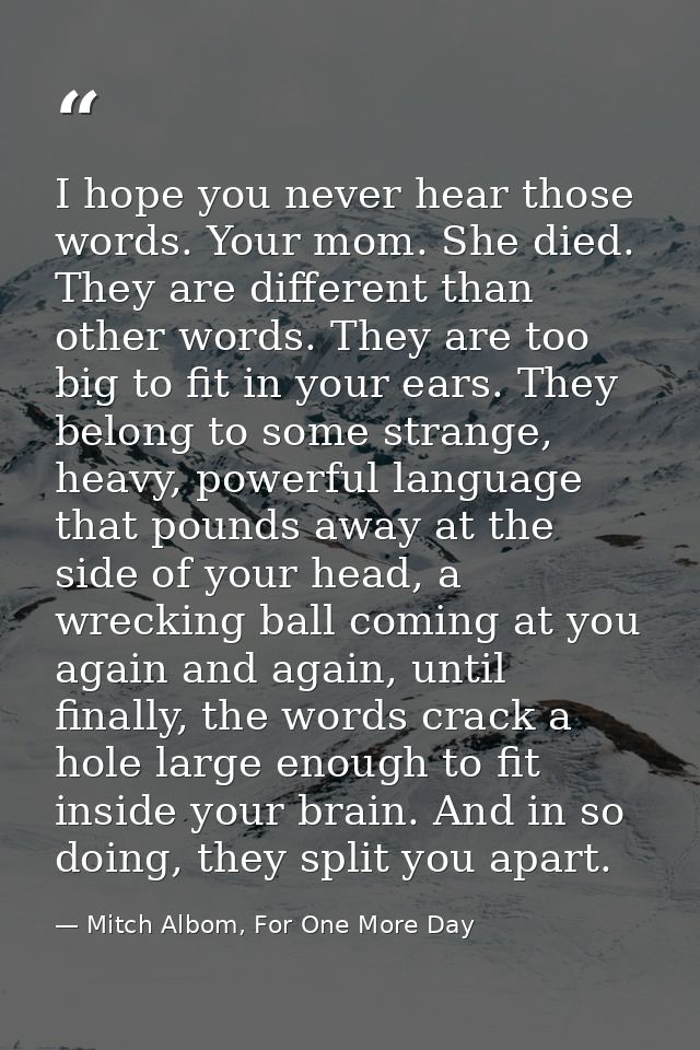 I hope you never hear those words. Your mom. She died. They are different than other words. They are too big to fit in y — Mitch Albom, For One More Day