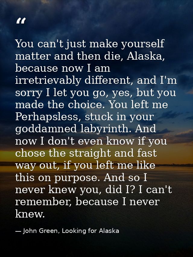 You can't just make yourself matter and then die, Alaska, because now I am irretrievably different, and I'm sorry I let  — John Green, Looking for Alaska