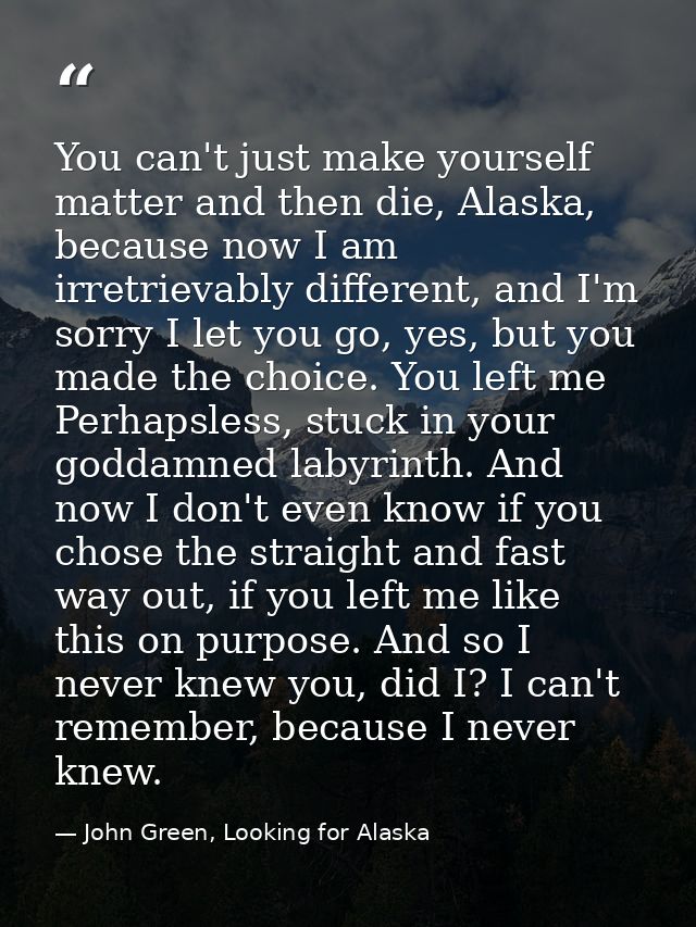 You can't just make yourself matter and then die, Alaska, because now I am irretrievably different, and I'm sorry I let  — John Green, Looking for Alaska