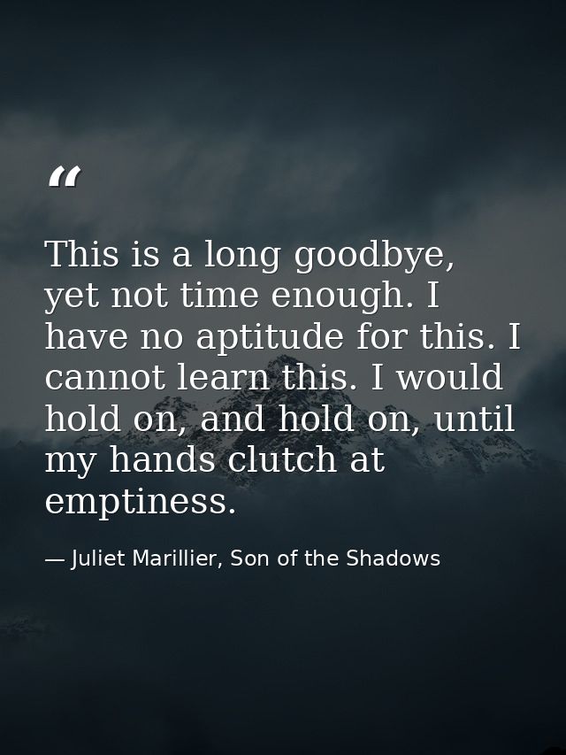 This is a long goodbye, yet not time enough. I have no aptitude for this. I cannot learn this. I would hold on, and hold — Juliet Marillier, Son of the Shadows