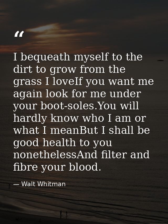I bequeath myself to the dirt to grow from the grass I loveIf you want me again look for me under your boot-soles.You wi — Walt Whitman