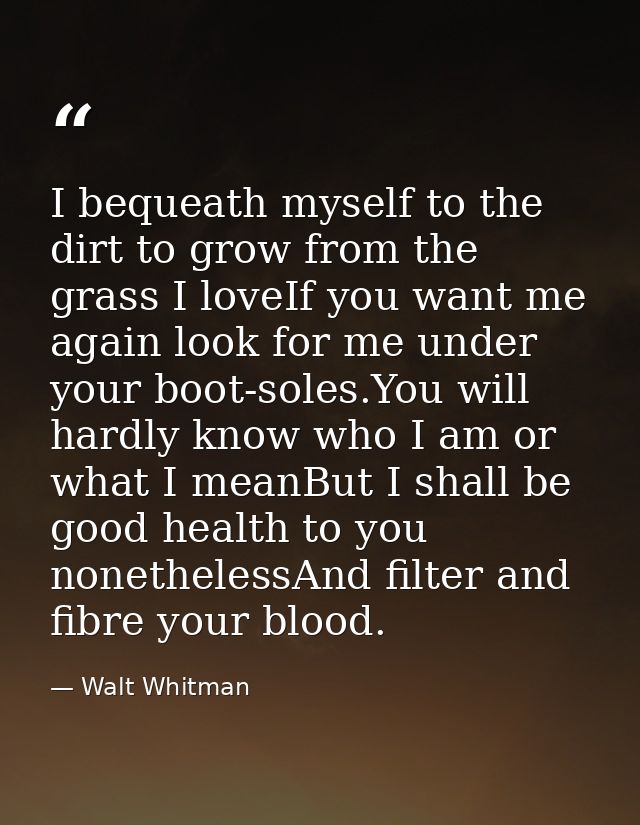 I bequeath myself to the dirt to grow from the grass I loveIf you want me again look for me under your boot-soles.You wi — Walt Whitman