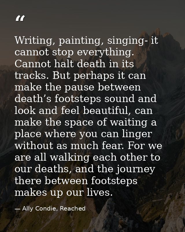 Writing, painting, singing- it cannot stop everything. Cannot halt death in its tracks. But perhaps it can make the paus — Ally Condie, Reached