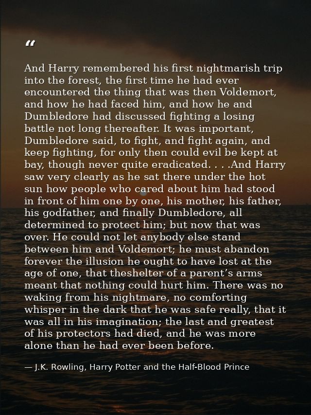 And Harry remembered his first nightmarish trip into the forest, the first time he had ever encountered the thing that w — J.K. Rowling, Harry Potter and the Half-Blood Prince