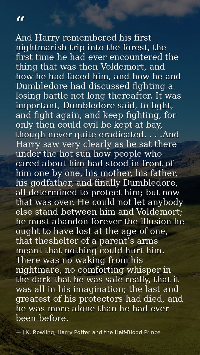 And Harry remembered his first nightmarish trip into the forest, the first time he had ever encountered the thing that w — J.K. Rowling, Harry Potter and the Half-Blood Prince
