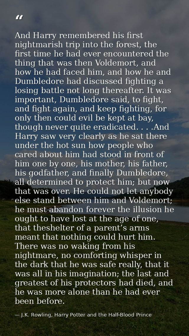 And Harry remembered his first nightmarish trip into the forest, the first time he had ever encountered the thing that w — J.K. Rowling, Harry Potter and the Half-Blood Prince