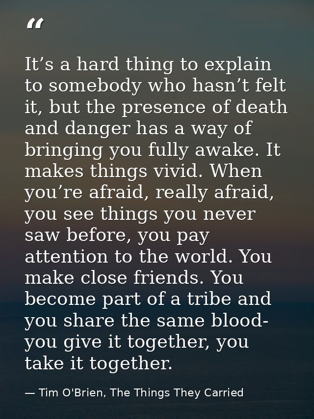 It’s a hard thing to explain to somebody who hasn’t felt it, but the presence of death and danger has a way of bringing  — Tim O'Brien, The Things They Carried