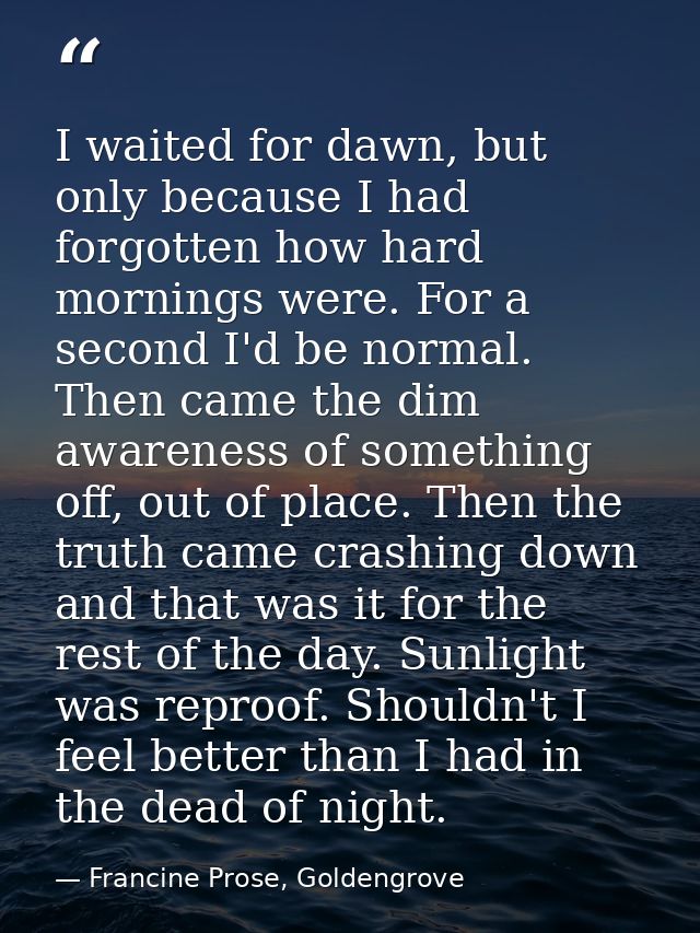 I waited for dawn, but only because I had forgotten how hard mornings were. For a second I'd be normal. Then came the di — Francine Prose, Goldengrove