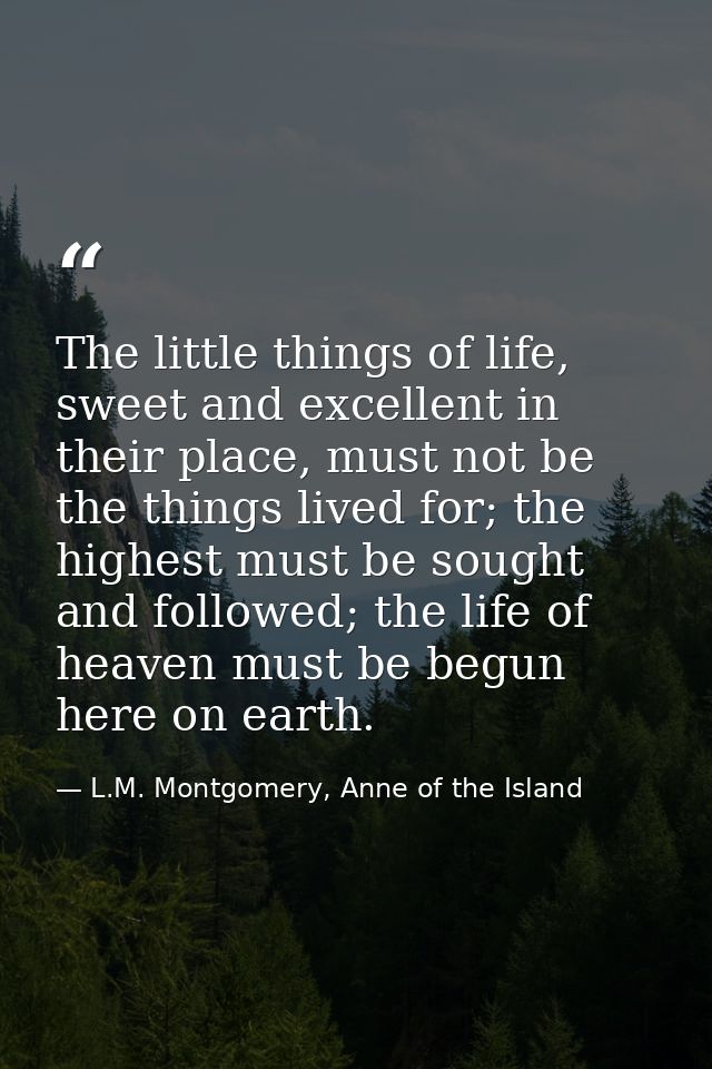 The little things of life, sweet and excellent in their place, must not be the things lived for; the highest must be sou — L.M. Montgomery, Anne of the Island
