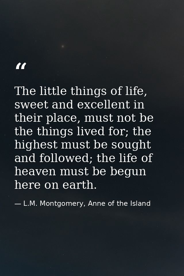 The little things of life, sweet and excellent in their place, must not be the things lived for; the highest must be sou — L.M. Montgomery, Anne of the Island