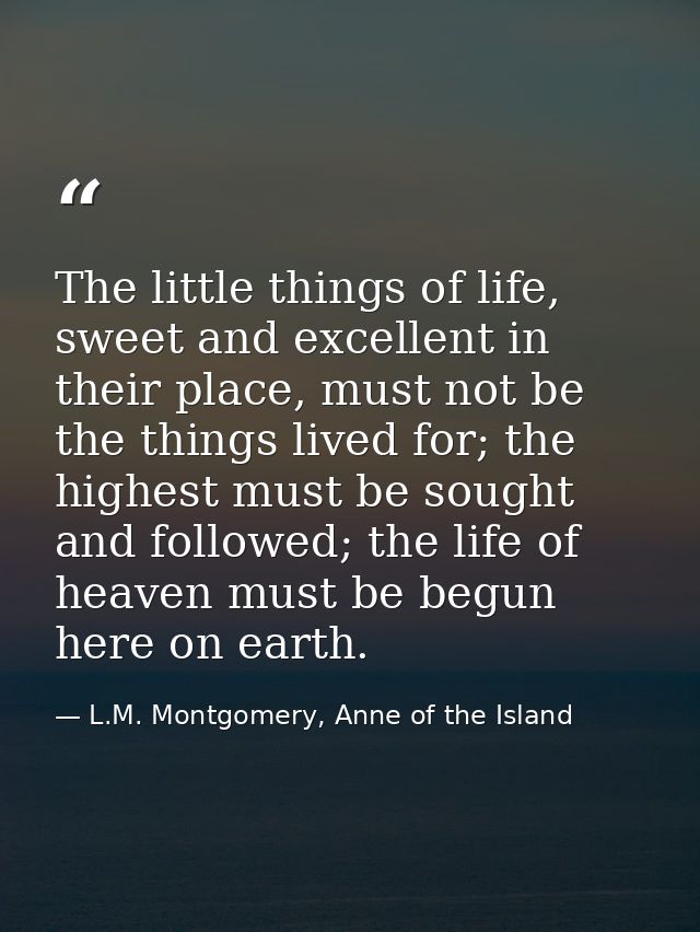 The little things of life, sweet and excellent in their place, must not be the things lived for; the highest must be sou — L.M. Montgomery, Anne of the Island