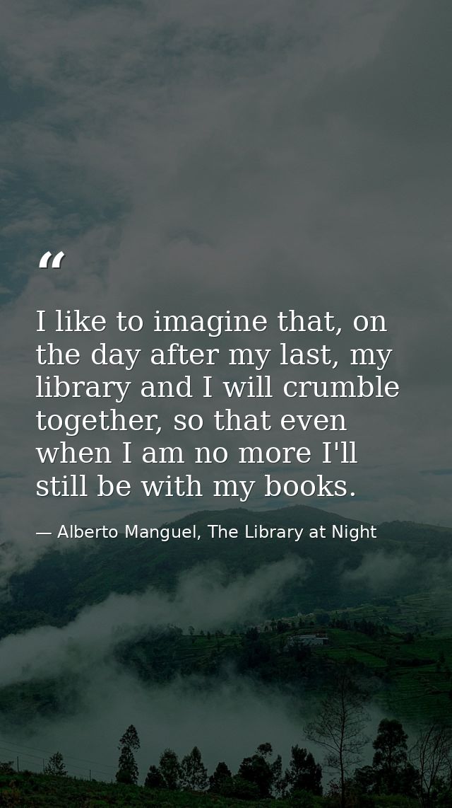 I like to imagine that, on the day after my last, my library and I will crumble together, so that even when I am no more — Alberto Manguel, The Library at Night