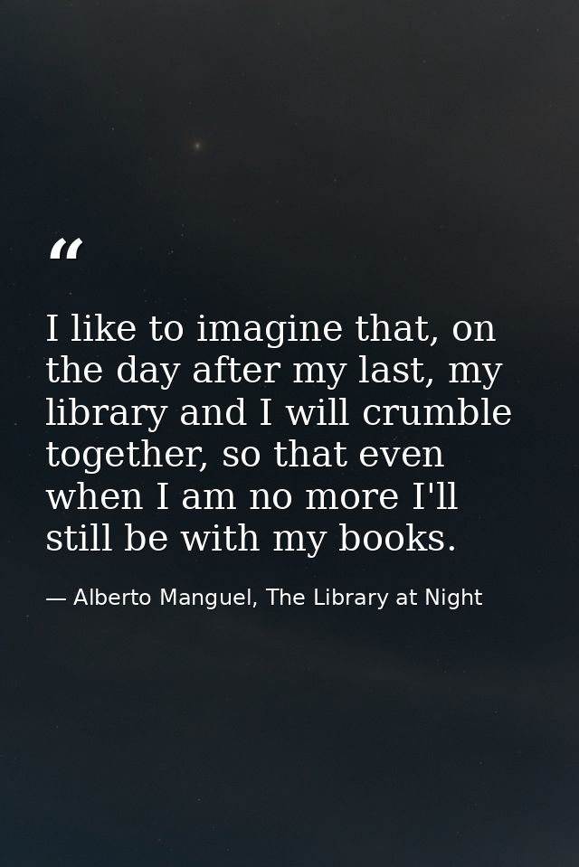 I like to imagine that, on the day after my last, my library and I will crumble together, so that even when I am no more — Alberto Manguel, The Library at Night