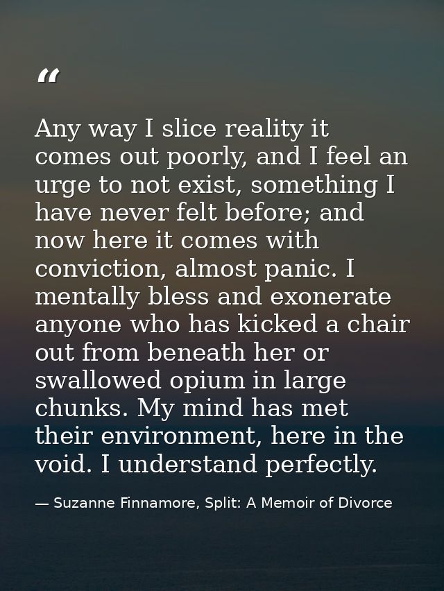 Any way I slice reality it comes out poorly, and I feel an urge to not exist, something I have never felt before; and no — Suzanne Finnamore, Split: A Memoir of Divorce