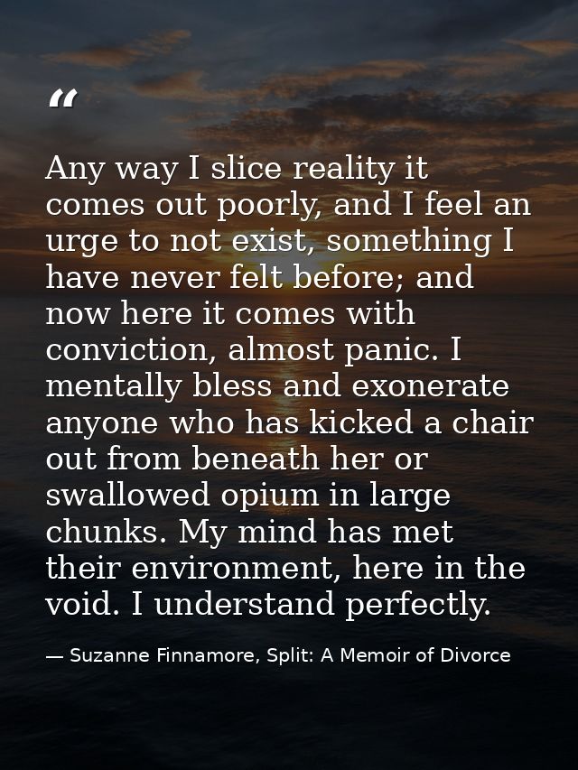 Any way I slice reality it comes out poorly, and I feel an urge to not exist, something I have never felt before; and no — Suzanne Finnamore, Split: A Memoir of Divorce