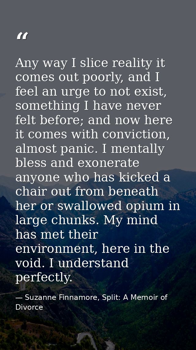 Any way I slice reality it comes out poorly, and I feel an urge to not exist, something I have never felt before; and no — Suzanne Finnamore, Split: A Memoir of Divorce