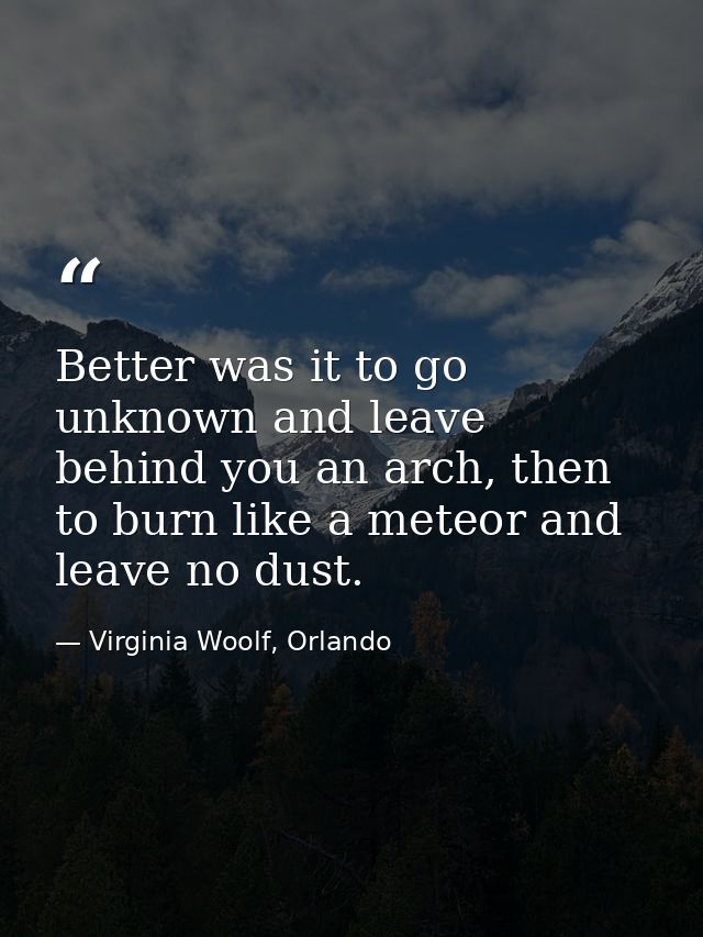 Better was it to go unknown and leave behind you an arch, then to burn like a meteor and leave no dust. — Virginia Woolf, Orlando
