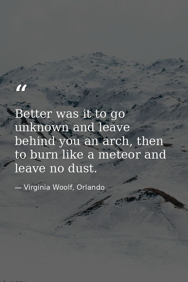 Better was it to go unknown and leave behind you an arch, then to burn like a meteor and leave no dust. — Virginia Woolf, Orlando