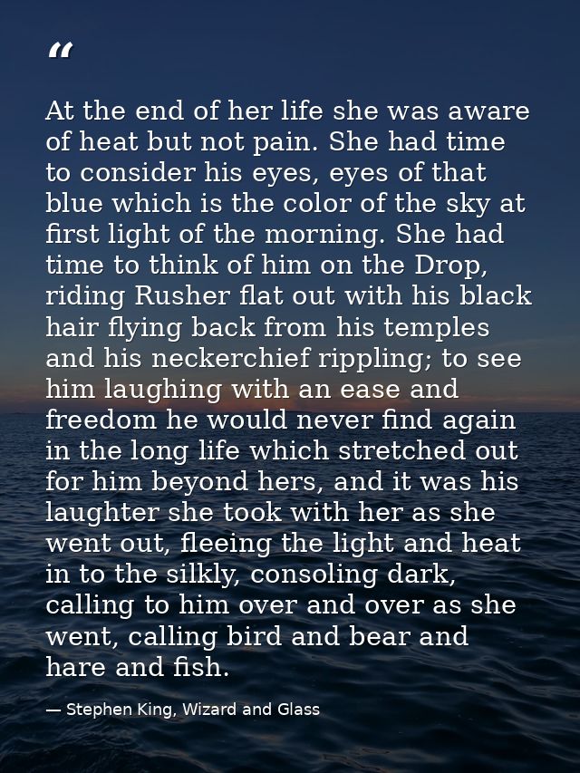 At the end of her life she was aware of heat but not pain. She had time to consider his eyes, eyes of that blue which is — Stephen King, Wizard and Glass