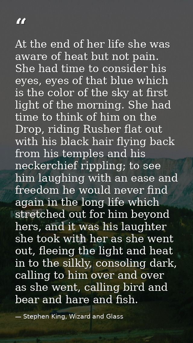At the end of her life she was aware of heat but not pain. She had time to consider his eyes, eyes of that blue which is — Stephen King, Wizard and Glass