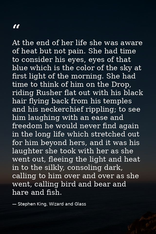 At the end of her life she was aware of heat but not pain. She had time to consider his eyes, eyes of that blue which is — Stephen King, Wizard and Glass