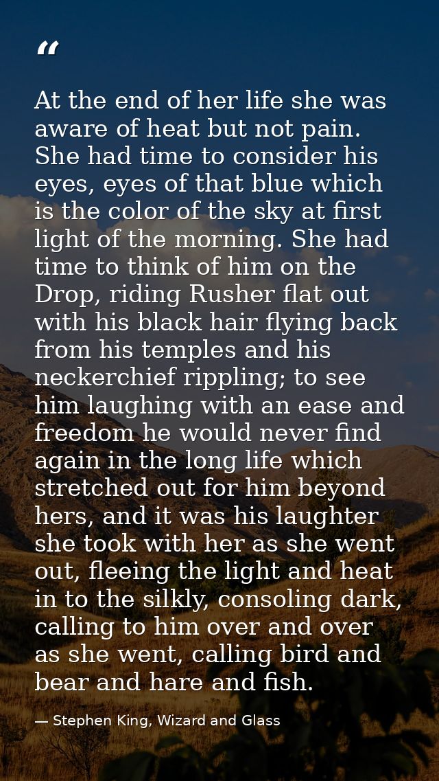 At the end of her life she was aware of heat but not pain. She had time to consider his eyes, eyes of that blue which is — Stephen King, Wizard and Glass