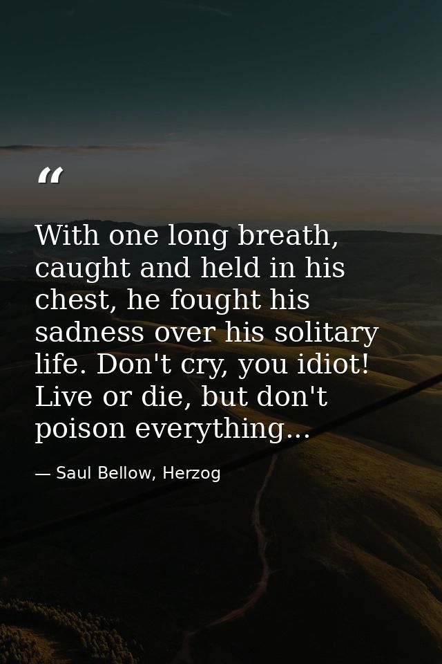 With one long breath, caught and held in his chest, he fought his sadness over his solitary life. Don't cry, you idiot!  — Saul Bellow, Herzog