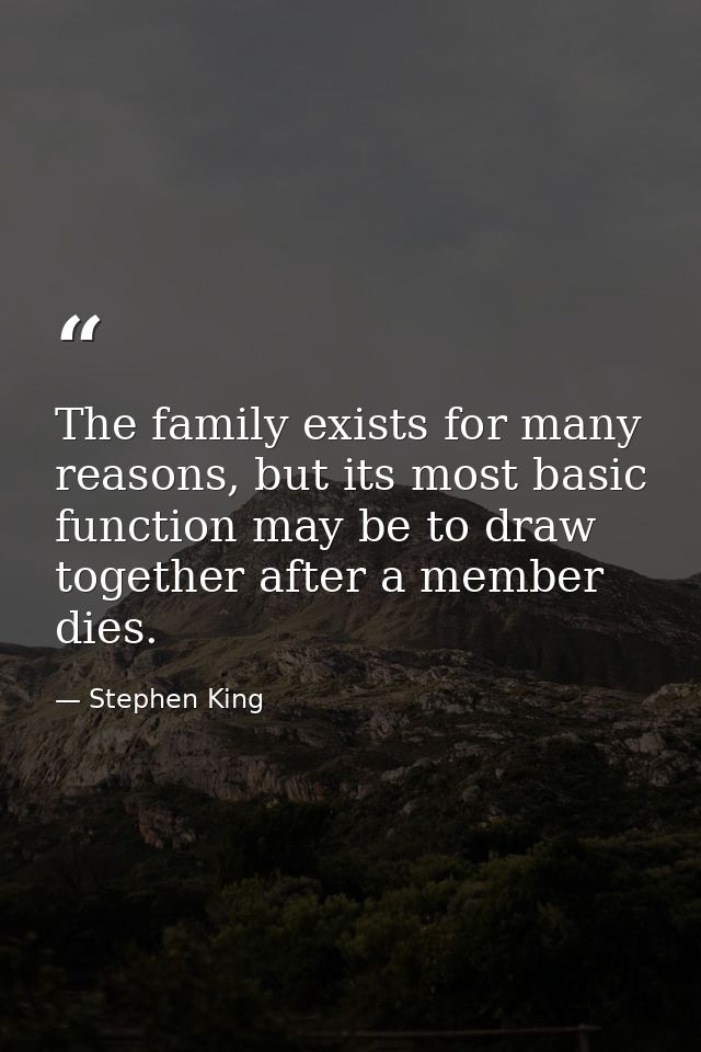 The family exists for many reasons, but its most basic function may be to draw together after a member dies. — Stephen King