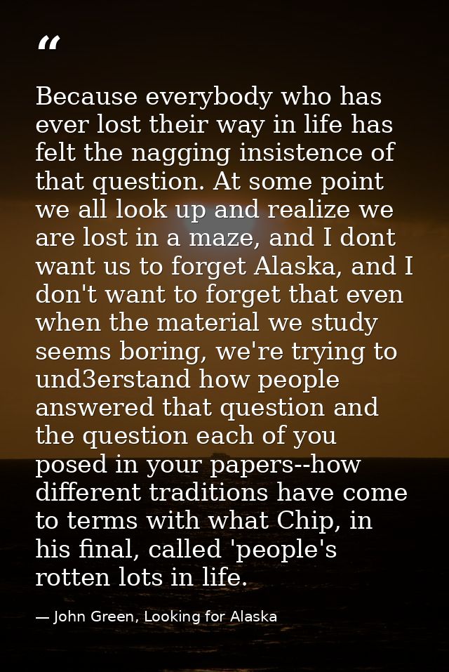 Because everybody who has ever lost their way in life has felt the nagging insistence of that question. At some point we — John Green, Looking for Alaska
