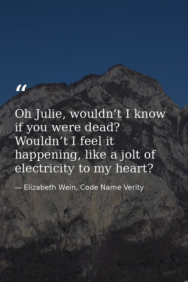Oh Julie, wouldn’t I know if you were dead? Wouldn’t I feel it happening, like a jolt of electricity to my heart? — Elizabeth Wein, Code Name Verity