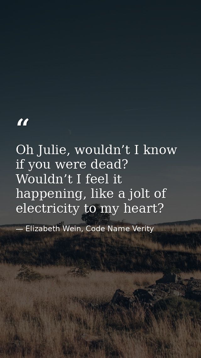 Oh Julie, wouldn’t I know if you were dead? Wouldn’t I feel it happening, like a jolt of electricity to my heart? — Elizabeth Wein, Code Name Verity