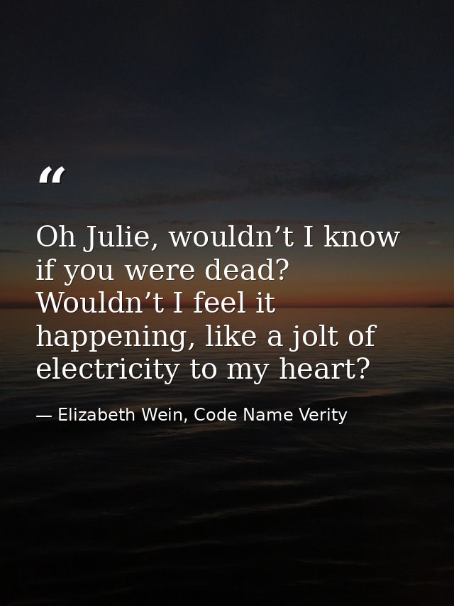 Oh Julie, wouldn’t I know if you were dead? Wouldn’t I feel it happening, like a jolt of electricity to my heart? — Elizabeth Wein, Code Name Verity