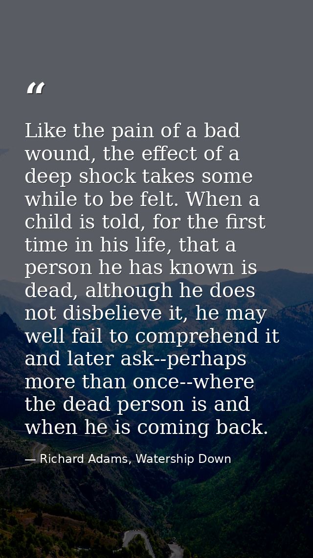 Like the pain of a bad wound, the effect of a deep shock takes some while to be felt. When a child is told, for the firs — Richard Adams, Watership Down