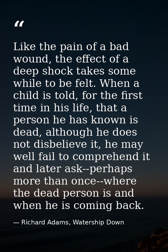 Like the pain of a bad wound, the effect of a deep shock takes some while to be felt. When a child is told, for the firs — Richard Adams, Watership Down
