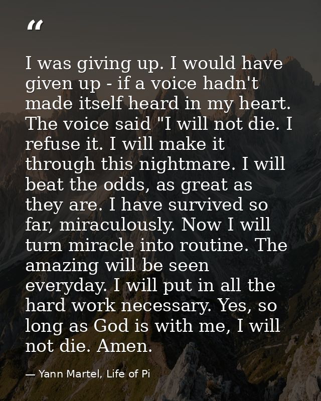 I was giving up. I would have given up - if a voice hadn't made itself heard in my heart. The voice said "I will not die — Yann Martel, Life of Pi
