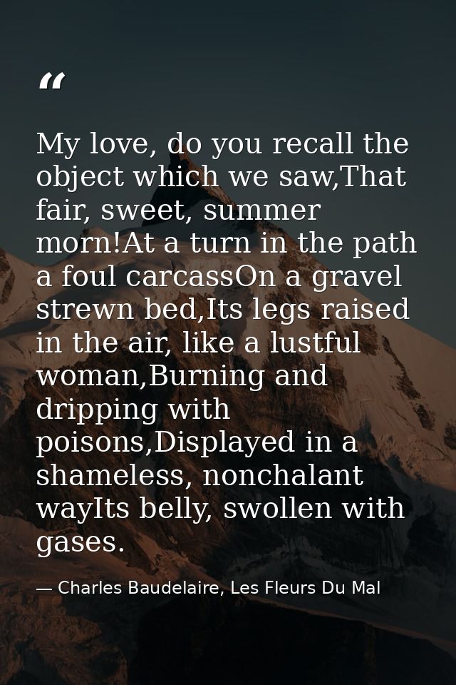 My love, do you recall the object which we saw,That fair, sweet, summer morn!At a turn in the path a foul carcassOn a gr — Charles Baudelaire, Les Fleurs Du Mal