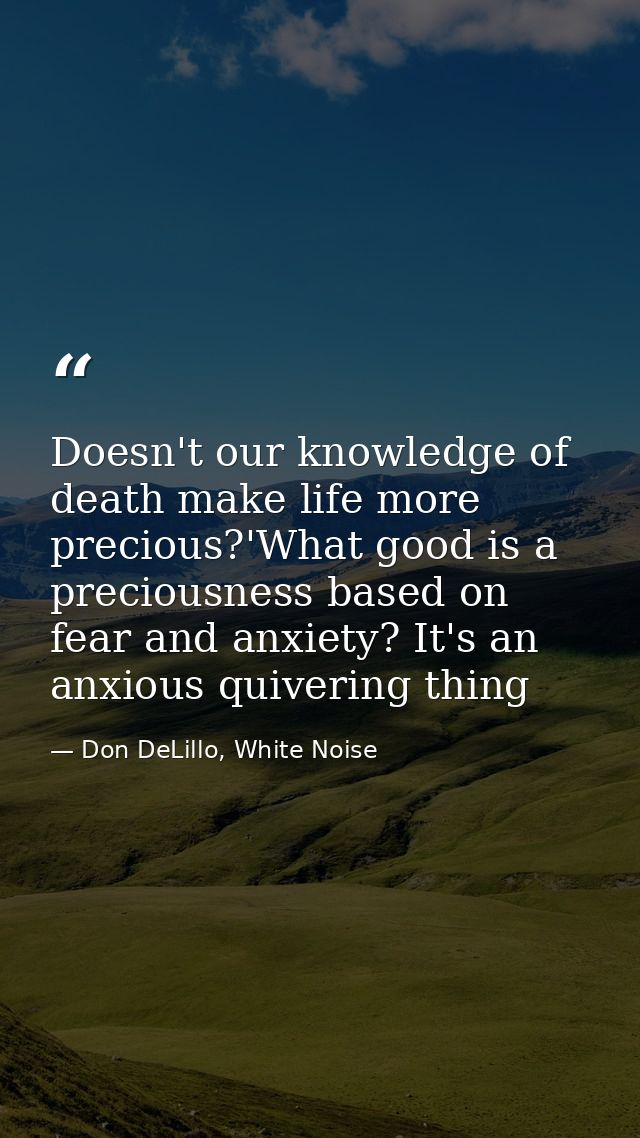 Doesn't our knowledge of death make life more precious?'What good is a preciousness based on fear and anxiety? It's an a — Don DeLillo, White Noise