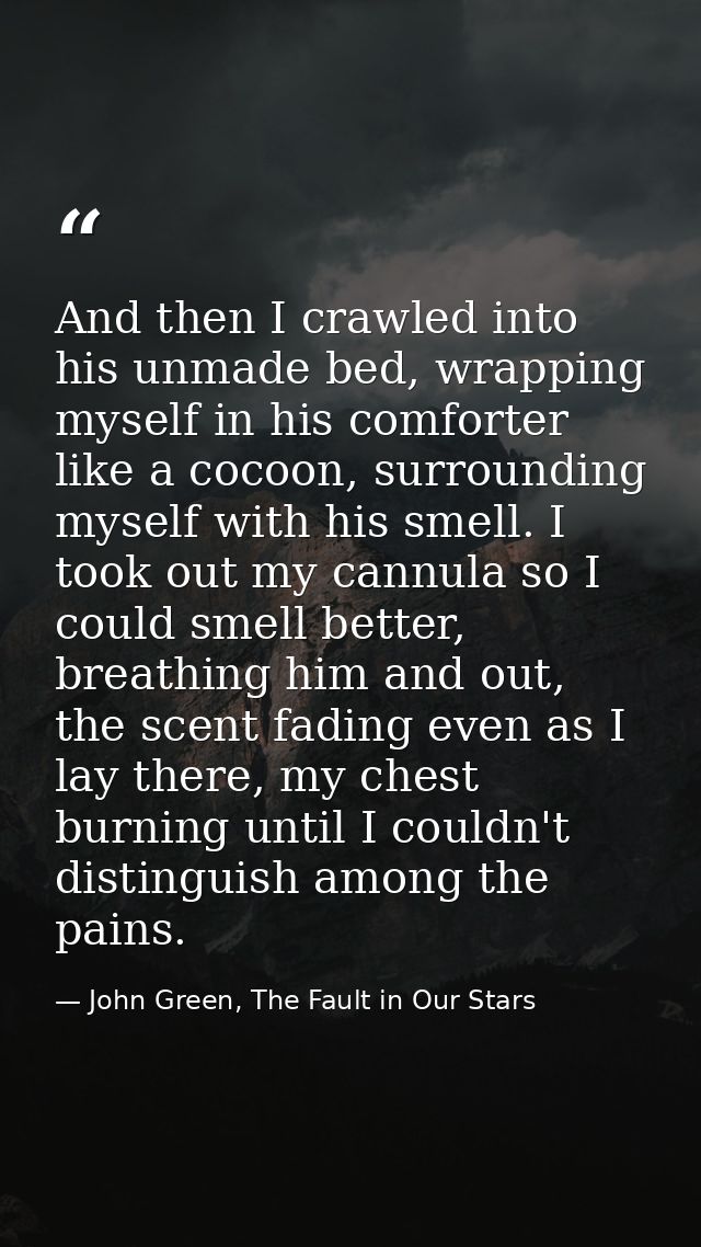 And then I crawled into his unmade bed, wrapping myself in his comforter like a cocoon, surrounding myself with his smel — John Green, The Fault in Our Stars