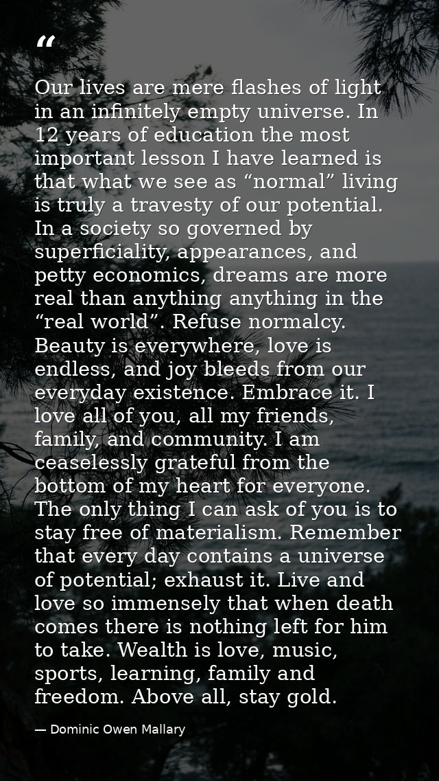 Our lives are mere flashes of light in an infinitely empty universe. In 12 years of education the most important lesson  — Dominic Owen Mallary